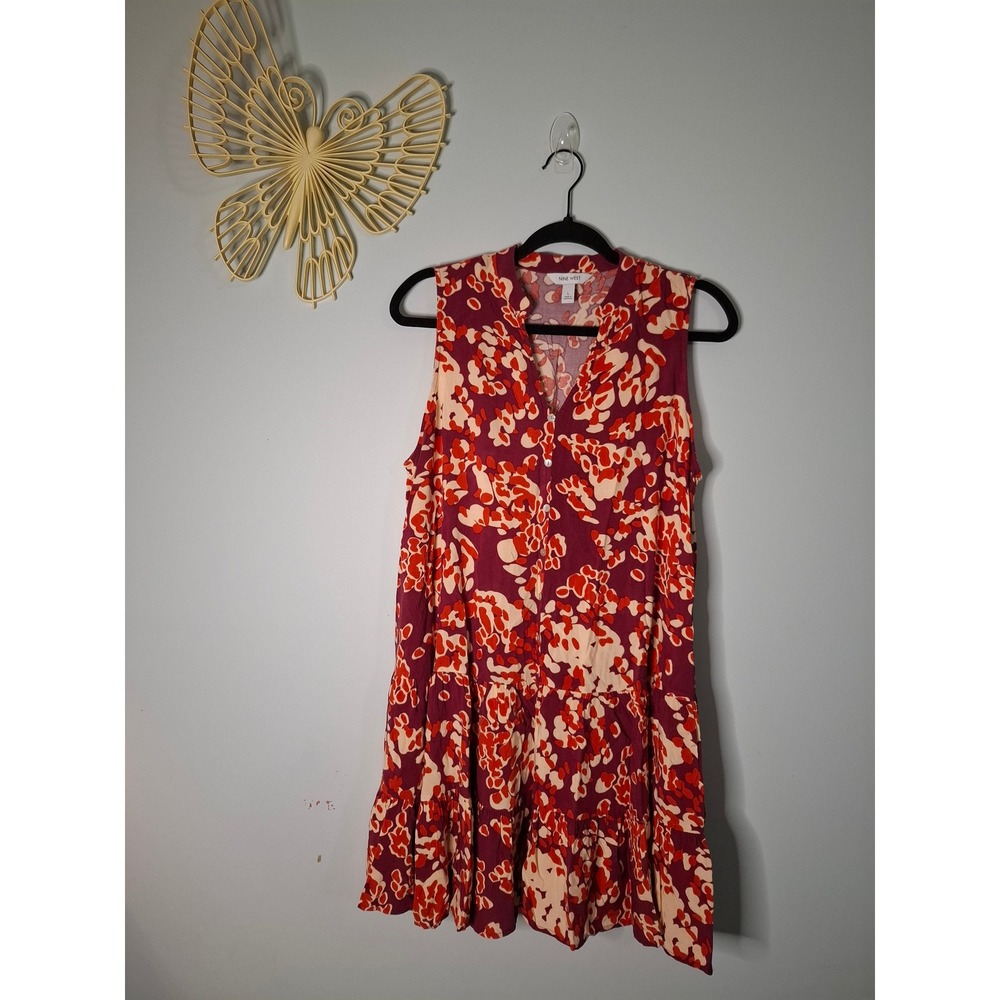 Nine West Sleeveless Tiered Mini Dress Red Burgundy Floral Rayon Size L